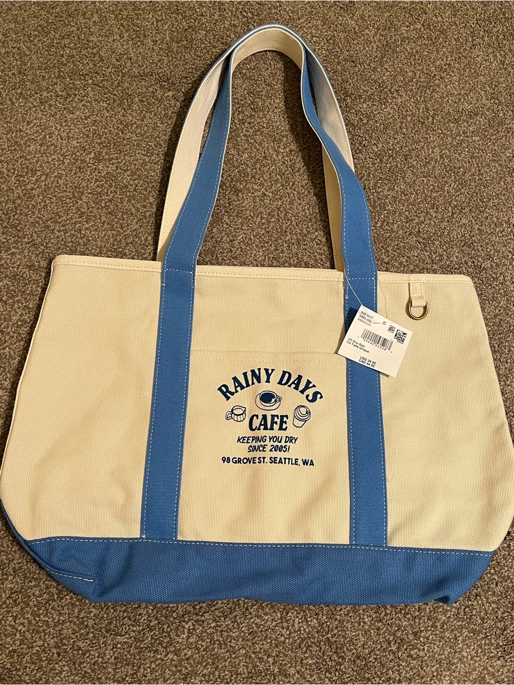 American Eagle Rainy Day's Cafe Canvas Tote Bag Beige and Blue Seattle Coffee